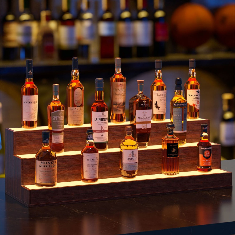 English Elm Led Illuminated 3 Tier Freestanding Bar Bottle Display Shelf with App Remote Control Walnut W2178P163235