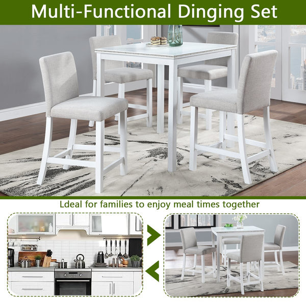 English Elm 5 Piece Counter Height Table Set - Elegant Square Dining Table With Crystal Edges & 4 Plush Chairs W1998S00040
