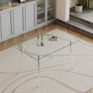 English Elm 0.32" Tempered Glass Rectangular Dining Table with Polished Steel Legs Seats Four W1311S00315