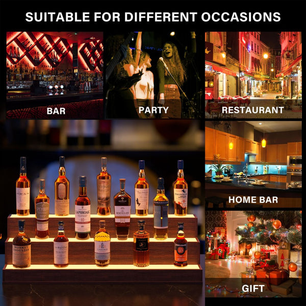English Elm Led Illuminated 3 Tier Freestanding Bar Bottle Display Shelf with App Remote Control Walnut W2178P163235