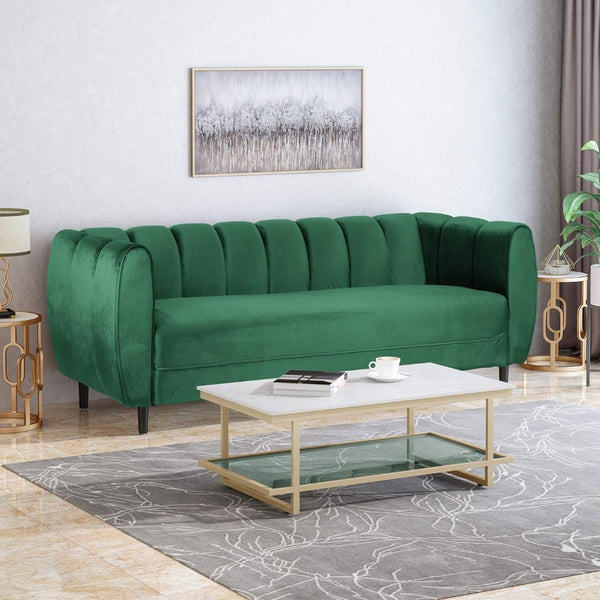 English Elm Miranda Channel Stitch Velvet Sofa Glam Living Room Seating with Tapered Birch Legs Emerald 68604.00A_68604.00B