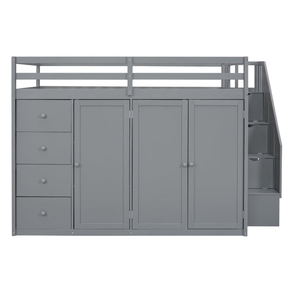 English Elm Full Size Pinewood Loft Bed with Wardrobe Staircase Storage and Open Shelving White Gray LT000524AAE