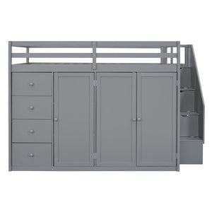 English Elm Full Size Pinewood Loft Bed with Wardrobe Staircase Storage and Open Shelving White LT000524AAE-1
