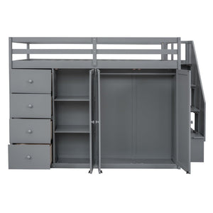 English Elm Full Size Pinewood Loft Bed with Wardrobe Staircase Storage and Open Shelving White Gray LT000524AAE
