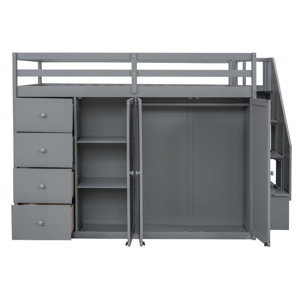 English Elm Full Size Pinewood Loft Bed with Wardrobe Staircase Storage and Open Shelving White Gray LT000524AAE