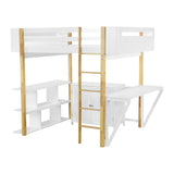 Hearth and Haven Full Size Wood Loft Bed with Built-In Storage Cabinet and Cubes, Foldable Desk LT000712AAK