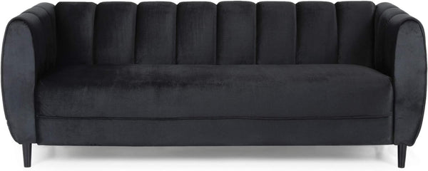 English Elm Miranda Channel Stitch Velvet Sofa Curved Shell Design for Glam Living Rooms Black N771P371449H_N771P371450H