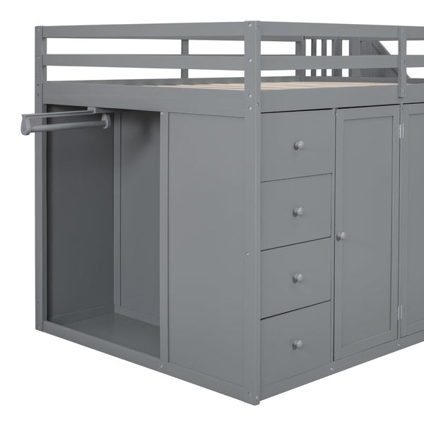 English Elm Full Size Pinewood Loft Bed with Wardrobe Staircase Storage and Open Shelving White LT000524AAE-1