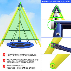English Elm 2 in 1 Kids Outdoor Steel A-frame Backyard Swing Set with Saucer and Belt Seats W1408P163242