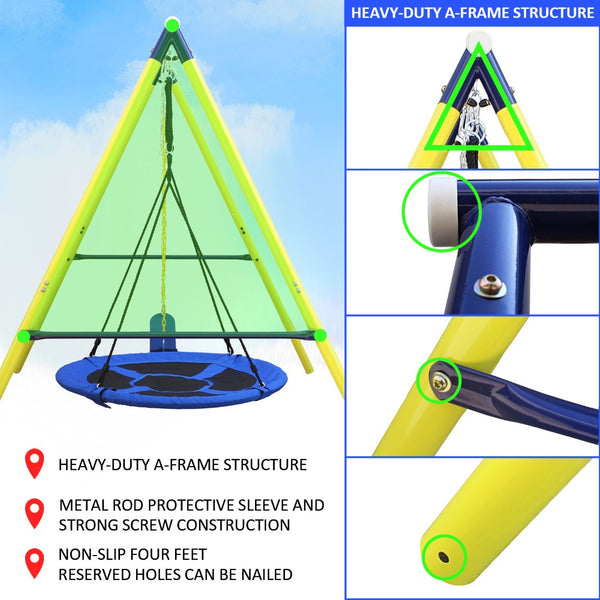 English Elm 2 in 1 Kids Outdoor Steel A-frame Backyard Swing Set with Saucer and Belt Seats W1408P163242