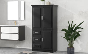 English Elm Tall Narrow Storage Cabinet with Doors and 3 Drawers – Adjustable Shelves, Anti-Tip, 45lb Capacity Black WF299285AAB
