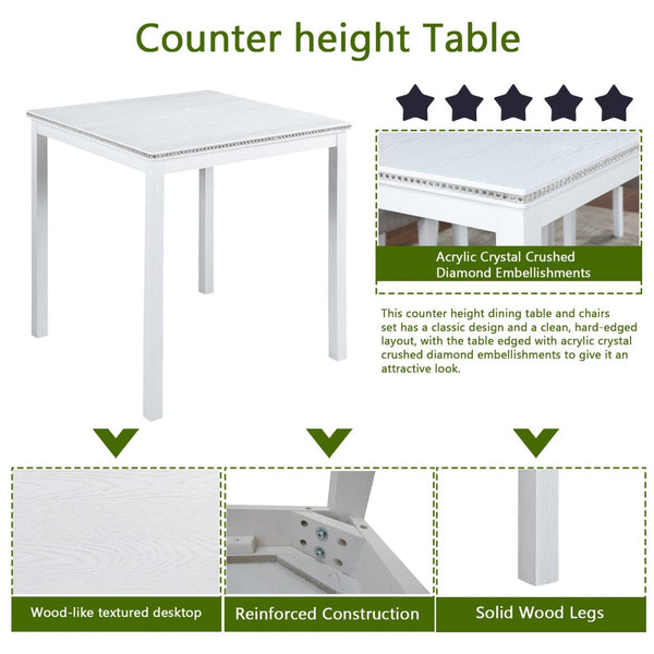 English Elm Wooden Counter Height Square Dining Table Glam Crystal Edge Detail Seats Four White W1998128390