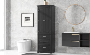 English Elm Tall Tall Storage Cabinet with Three Drawers and Doors for Bathroom or Office, Slim MDF Organizer Black WF299282AAB