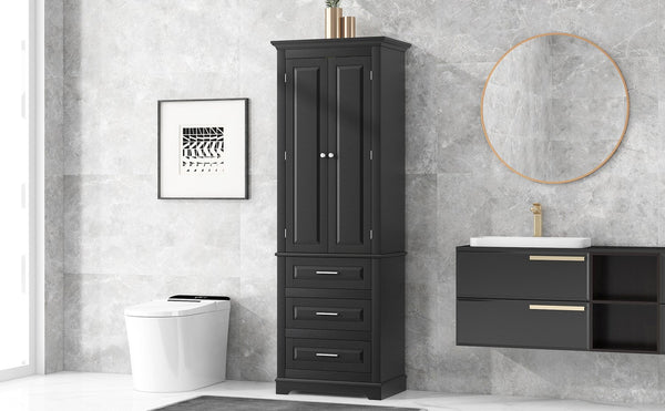 English Elm Tall Tall Storage Cabinet with Three Drawers and Doors for Bathroom or Office, Slim MDF Organizer Black WF299282AAB
