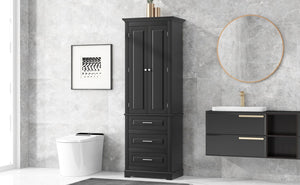 English Elm Tall Matte Black Storage Cabinet with Three Drawers and Enclosed Shelves for Home N725P333572B