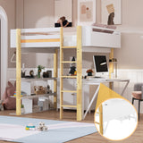 Full Size Wood Loft Bed with Built-In Storage Cabinet and Cubes, Foldable Desk