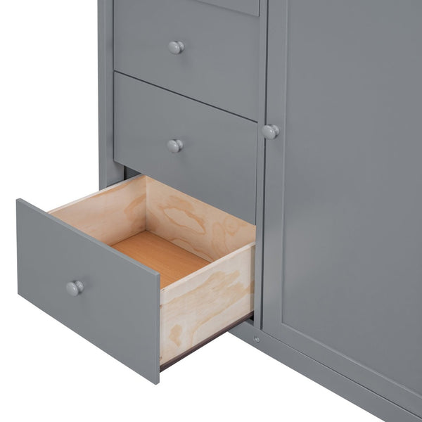 English Elm Full Size Pinewood Loft Bed with Wardrobe Staircase Storage and Open Shelving White LT000524AAE-1