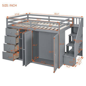 English Elm Full Size Pinewood Loft Bed with Wardrobe Staircase Storage and Open Shelving White Gray LT000524AAE
