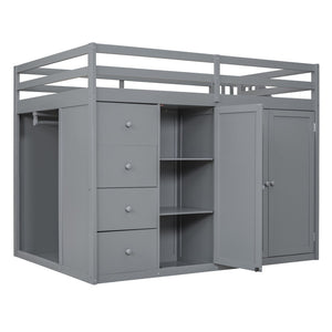 English Elm Full Size Pinewood Loft Bed with Wardrobe Staircase Storage and Open Shelving White Gray LT000524AAE