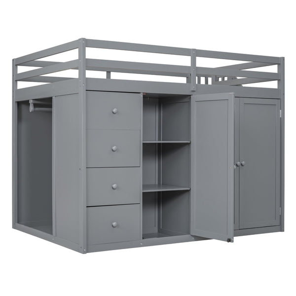 English Elm Full Size Pinewood Loft Bed with Wardrobe Staircase Storage and Open Shelving White Gray LT000524AAE