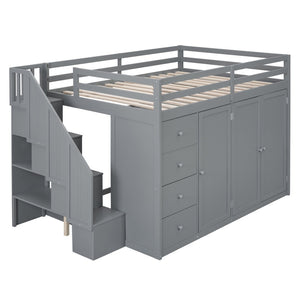 English Elm Full Size Pinewood Loft Bed with Wardrobe Staircase Storage and Open Shelving White LT000524AAE-1