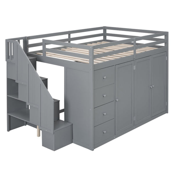 English Elm Full Size Pinewood Loft Bed with Wardrobe Staircase Storage and Open Shelving White LT000524AAE-1