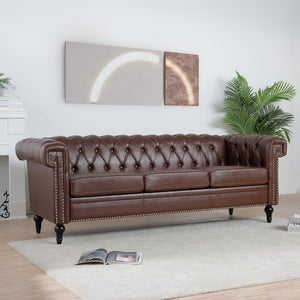 English Elm 83.66 Inch Pu Leather Three Seat Sofa with Silver Stud Trim and Birch Legs Dark Brown W68042995