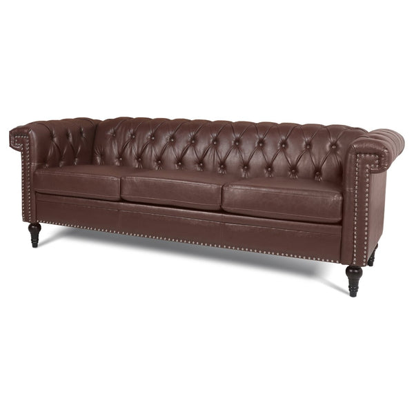 English Elm 83.66 Inch Pu Leather Three Seat Sofa with Silver Stud Trim and Birch Legs Dark Brown W68042995