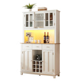 Hearth and Haven Coffee Bar Cabinet with Led Lights and Outlet , 70'' Farmhouse Kitchen Sideboard, Buffet Storage Table, Wine Glass Racks, 3 Drawers, Tall Hutch Home Bar For Dining Room White WF320362AAK