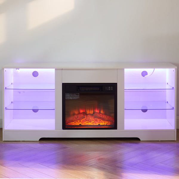 English Elm TV 58" Electric Fireplace TV Stand with 3D Realistic Flame, LED Lights, USB & AC Power Strip, Modern Media Console White W2275P149866