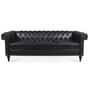 English Elm 83.66 Inch Pu Leather Three Seat Sofa with Silver Stud Trim and Birch Legs Black W68042996