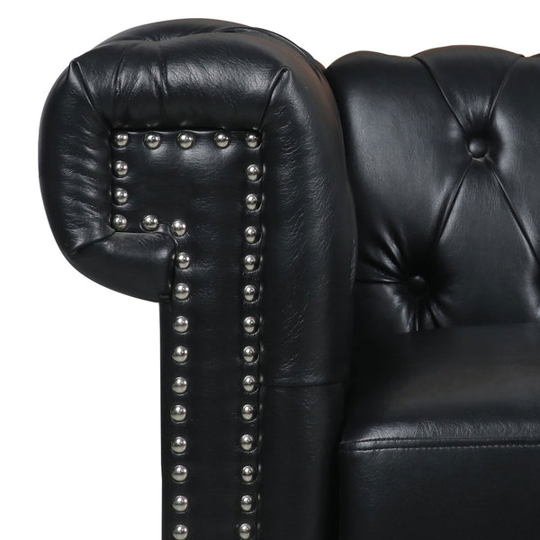 English Elm 83.66 Inch Pu Leather Three Seat Sofa with Silver Stud Trim and Birch Legs Black W68042996