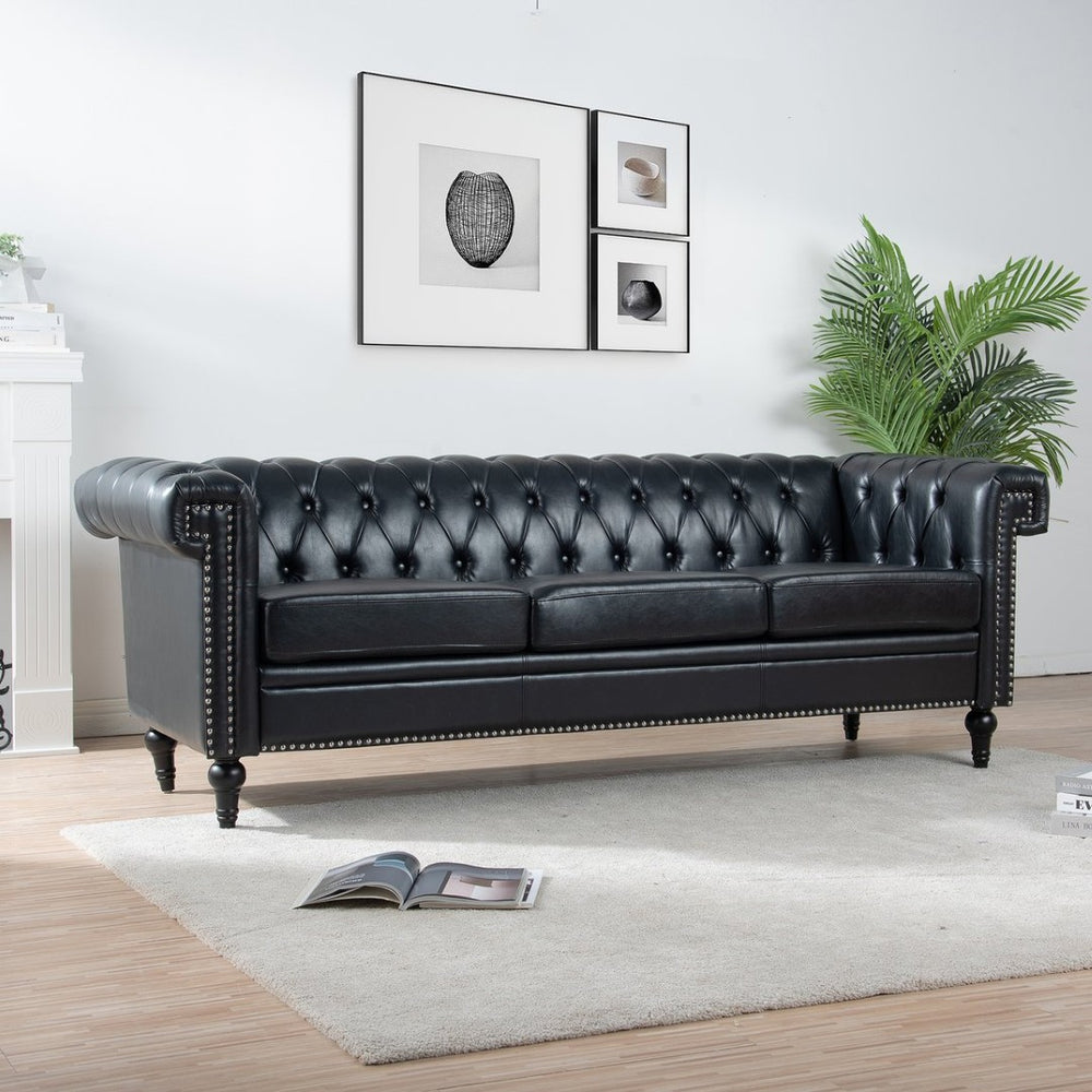 English Elm 83.66 Inch Pu Leather Three Seat Sofa with Silver Stud Trim and Birch Legs Black W68042996