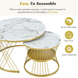 English Elm Φ27.5'' & Φ17.7'' Nesting Coffee Table With Marble Grain Table Top, Golden Iron Frame Round Coffee Table, Set Of 2, For Living Room, Balcony, White