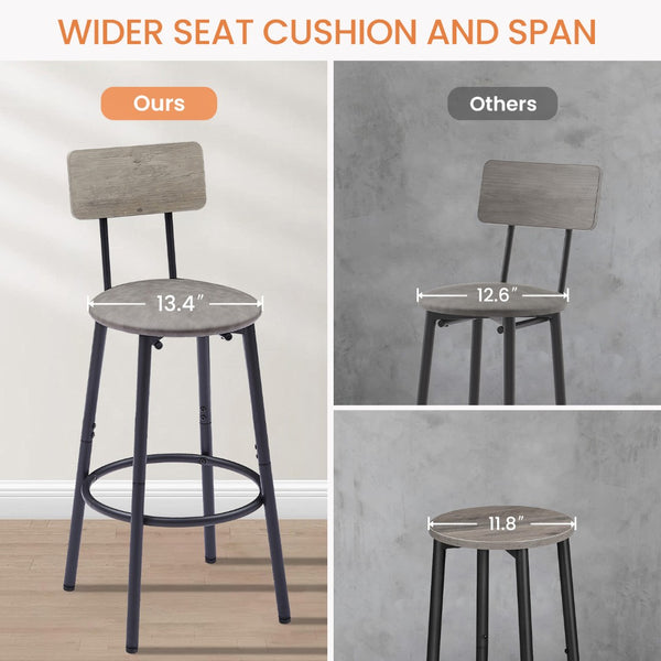 English Elm Round Bar Table Set with Two Pu Leather Stools Steel Frame Kitchen Pub Dining Grey W1162101846