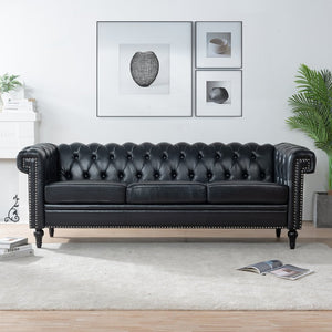 English Elm 83.66 Inch Pu Leather Three Seat Sofa with Silver Stud Trim and Birch Legs Black W68042996