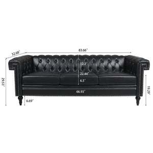 English Elm 83.66 Inch Pu Leather Three Seat Sofa with Silver Stud Trim and Birch Legs Black W68042996