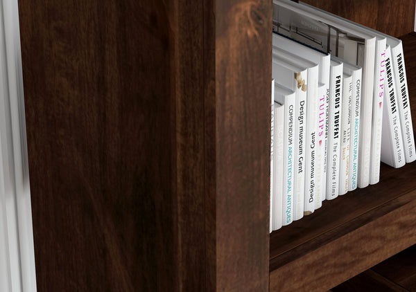 English Elm 79 Inch High Bookcase in Whiskey Finish — Solid Knotty Alder, 7 Shelves, Distressed Rustic Urban Style, Fully Assembled B108P160198