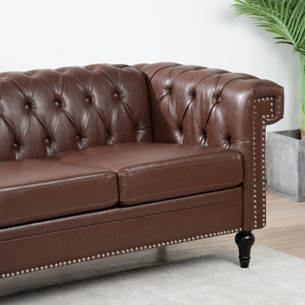 English Elm 83.66 Inch Pu Leather Three Seat Sofa with Silver Stud Trim and Birch Legs Dark Brown W68042995