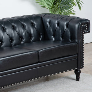 English Elm 83.66 Inch Pu Leather Three Seat Sofa with Silver Stud Trim and Birch Legs Black W68042996