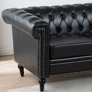 English Elm 83.66 Inch Pu Leather Three Seat Sofa with Silver Stud Trim and Birch Legs Black W68042996