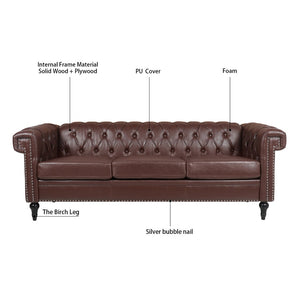 English Elm 83.66 Inch Pu Leather Three Seat Sofa with Silver Stud Trim and Birch Legs Dark Brown W68042995