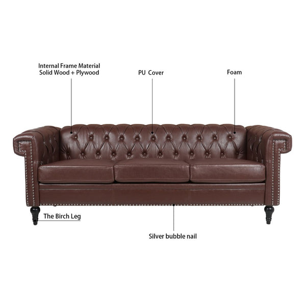 English Elm 83.66 Inch Pu Leather Three Seat Sofa with Silver Stud Trim and Birch Legs Dark Brown W68042995