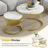 English Elm Φ27.5'' & Φ17.7'' Nesting Coffee Table With Marble Grain Table Top, Golden Iron Frame Round Coffee Table, Set Of 2, For Living Room, Balcony, White