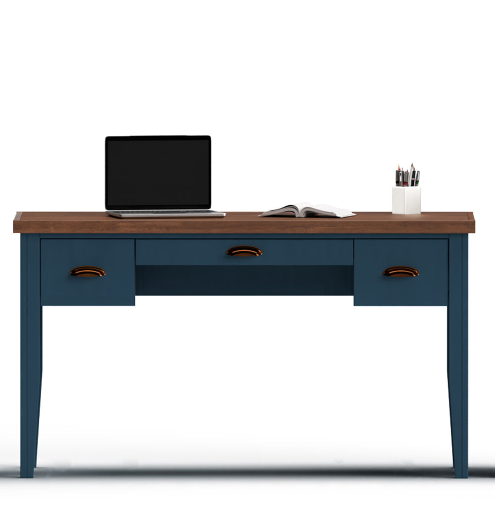 English Elm 53 Inch Writing Desk with Two-Tone Farmhouse Charm, Fully Assembled, Storage Drawers & Bronze Hardware Blue B108P160179