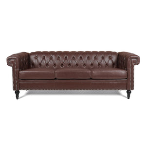 English Elm 83.66 Inch Pu Leather Three Seat Sofa with Silver Stud Trim and Birch Legs Dark Brown W68042995