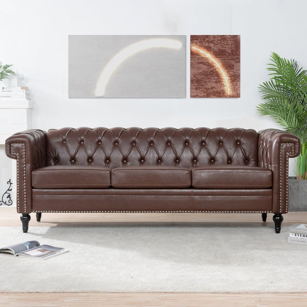 English Elm 83.66 Inch Pu Leather Three Seat Sofa with Silver Stud Trim and Birch Legs Dark Brown W68042995