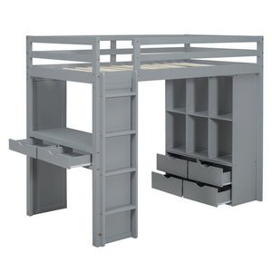 English Elm Twin Loft Bed with Built-in Desk Open Shelving and Led Lighting for Kids Rooms Gray LT000366AAE