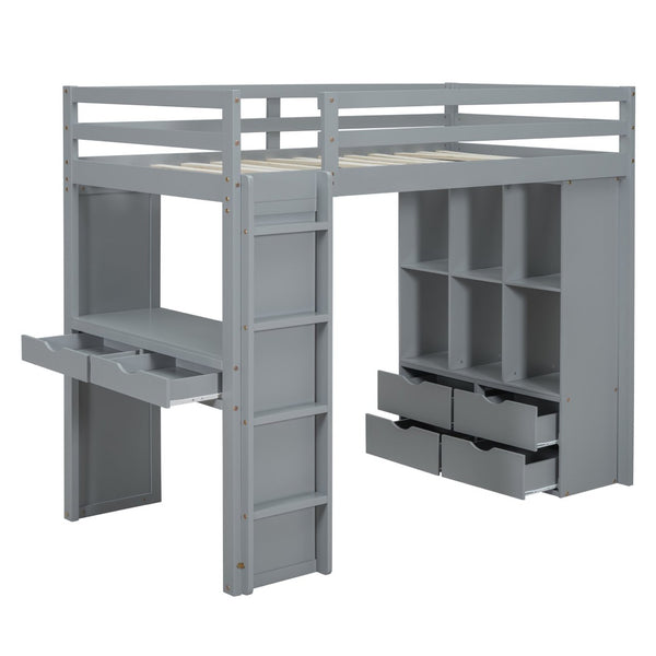 English Elm Twin Loft Bed with Built-in Desk Open Shelving and Led Lighting for Kids Rooms Gray LT000366AAE