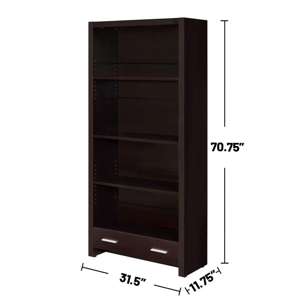 English Elm 4-Shelf Cappuccino Bookcase with Drawer, Smooth Metal Glides and Silver Pulls for Office Storage and Display B016P164159